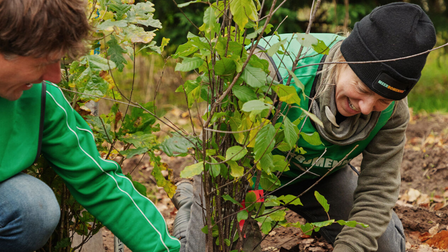 Twee vrijwilligers die een boom planten