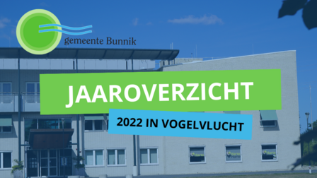 Jaaroverzicht 2022 in vogelvlucht (tekst) met gemeentehuis op achtergrond